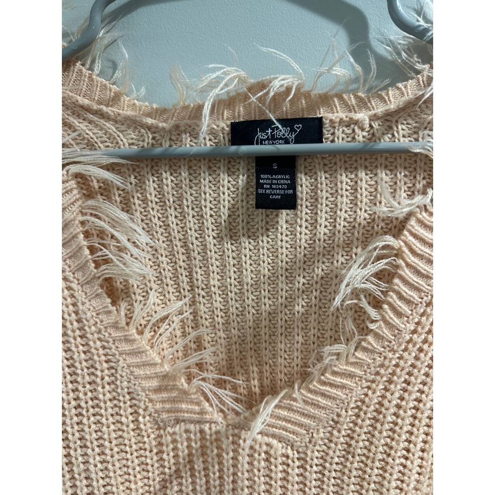 Just Polly New York Distressed Frayed V-Neck Sweater Peach Apricot Shaker Knit S - Picture 3 of 6
